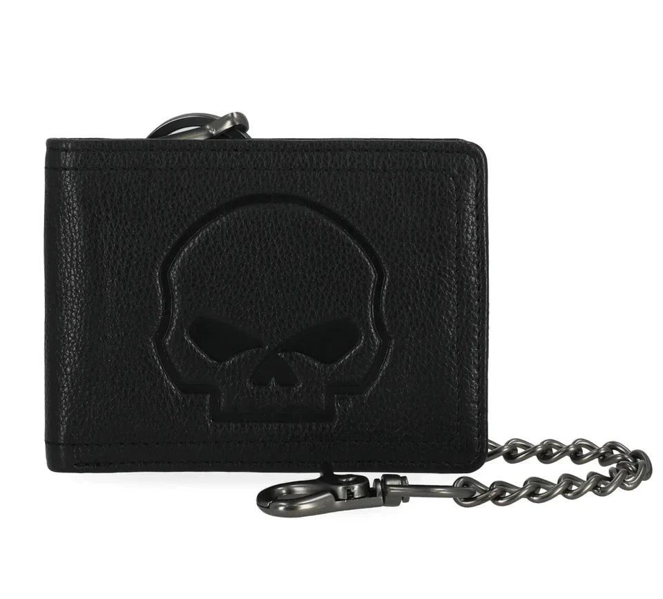Embossed Willie G Skull Genuine Leather Billfold Chain Wallet