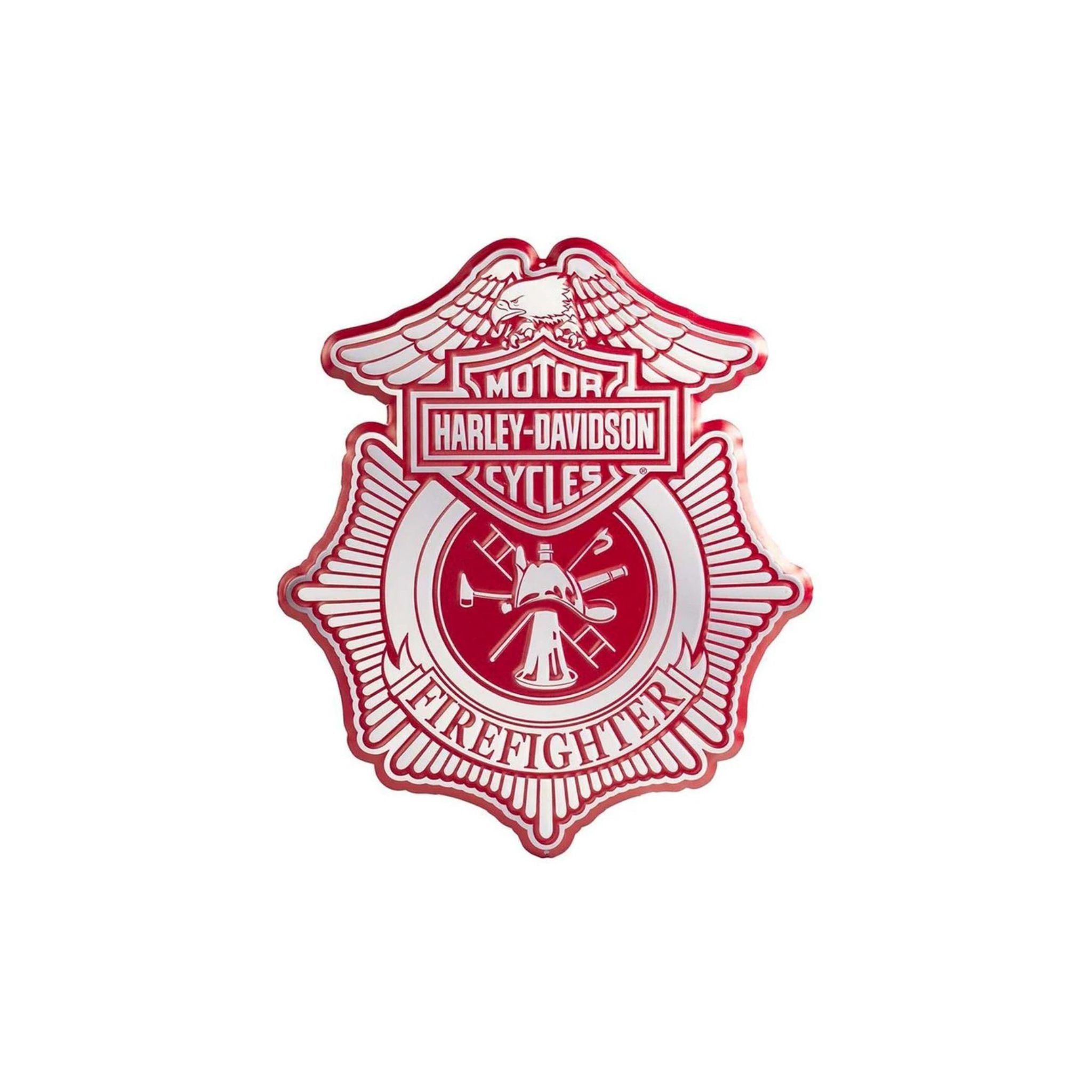Embossed Firefighter Shield Metal Sign, Custom Shaped Red & Gray
