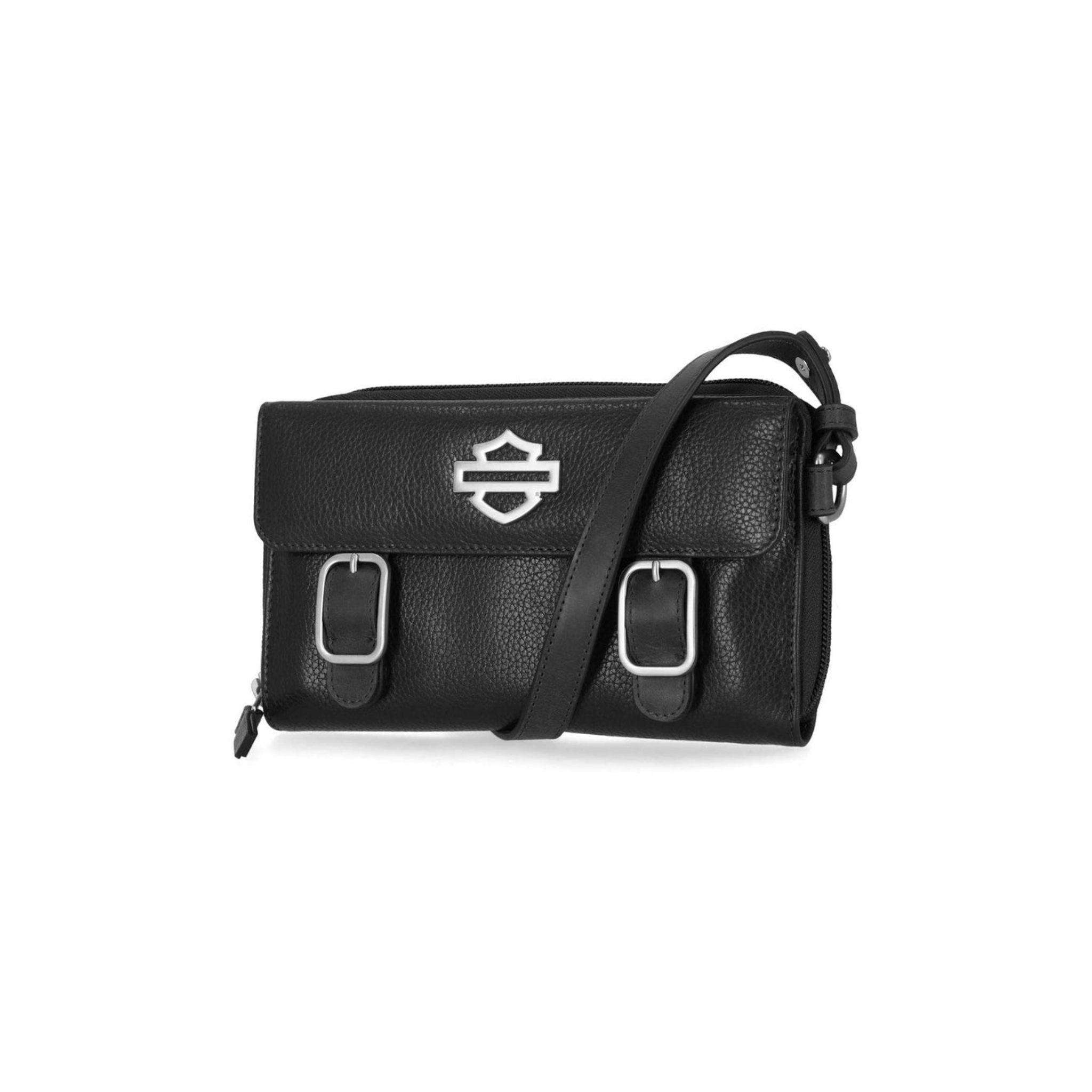Women's Buckle Zip Around Leather Wallet Crossbody, Black
