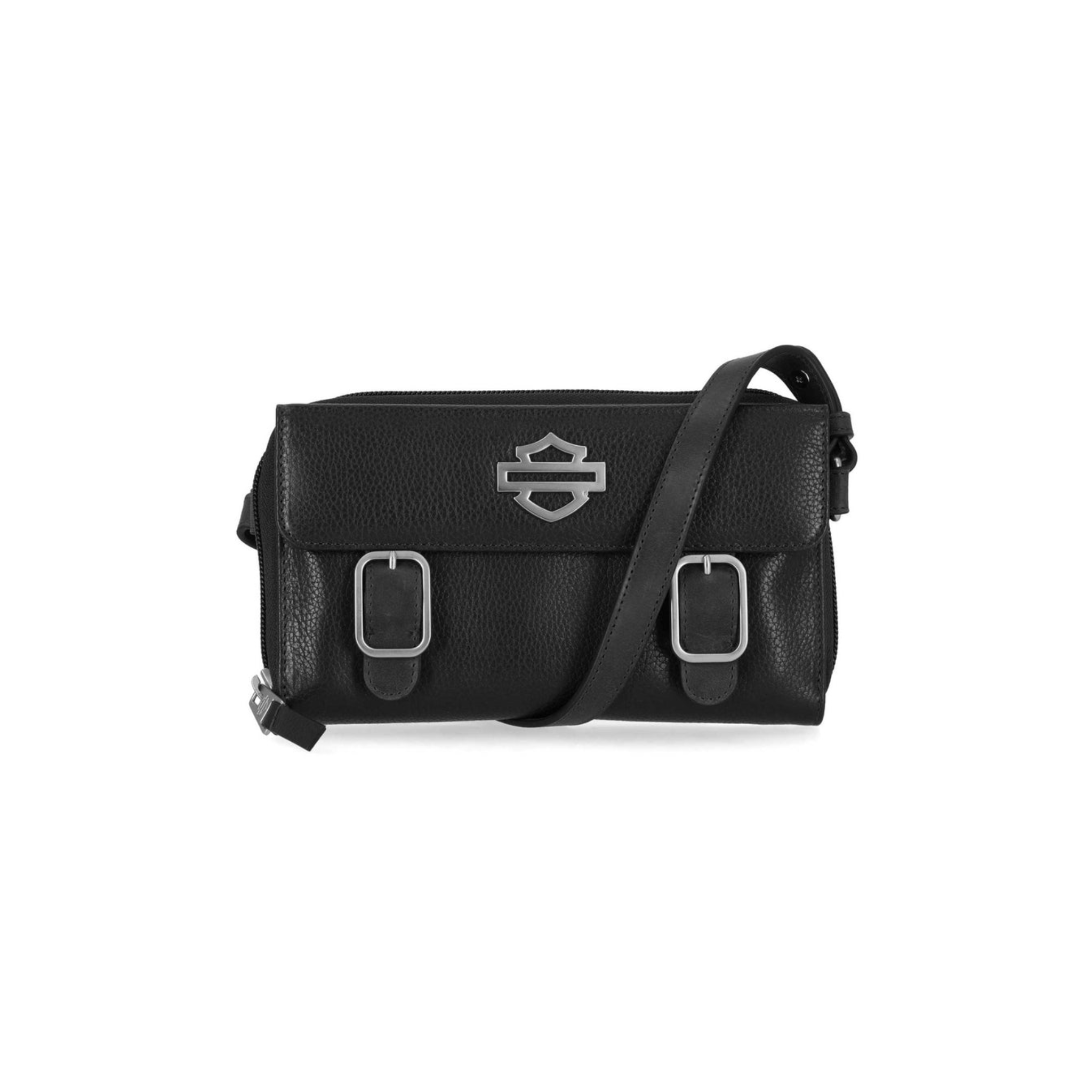Women's Buckle Zip Around Leather Wallet Crossbody, Black
