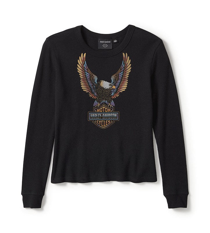 Women's Neon Eagle Distressed Waffle Knit Long Sleeve - Black