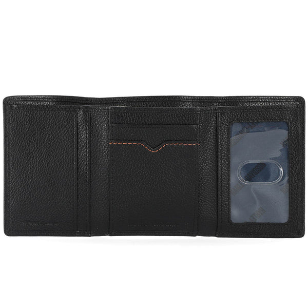 Men's Classic Bar & Shield Logo Genuine Pebble Leather Tri-Fold Wallet, Black