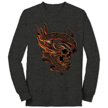 Men's Skull Wing Flame Grey Long Sleeve T-Shirt