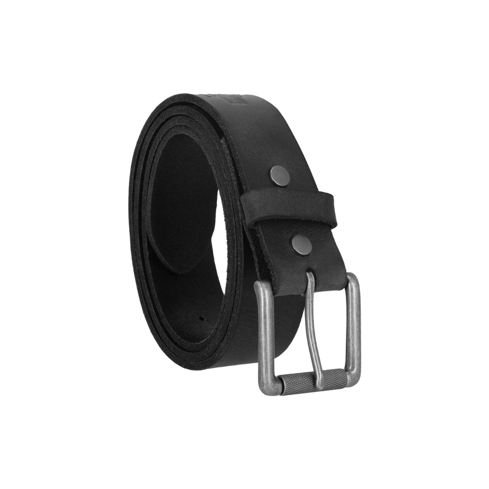 Embossed Repeat Bar & Shield Leather Belt, Black