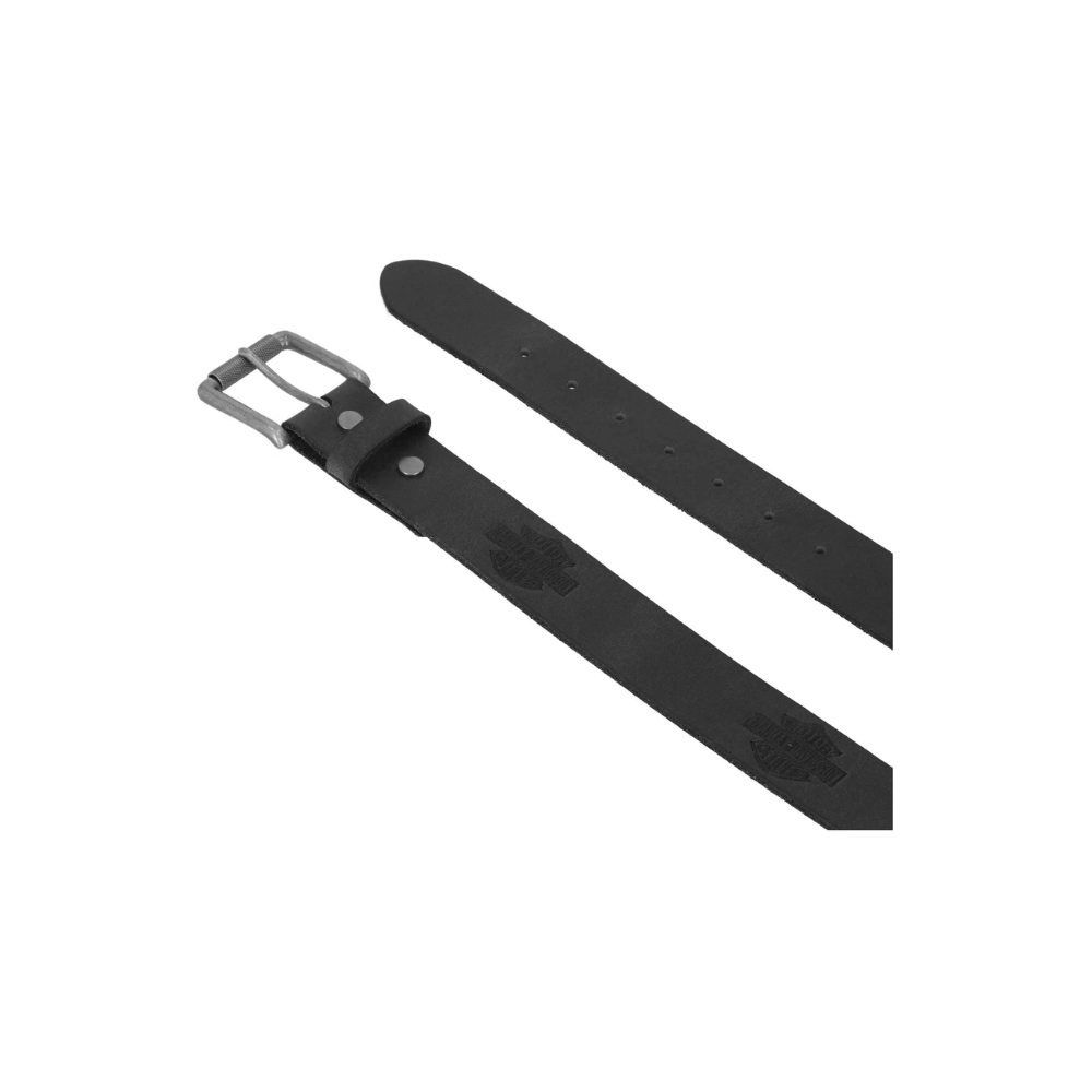 Embossed Repeat Bar & Shield Leather Belt, Black
