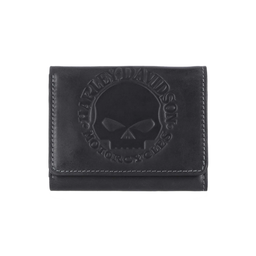 Men's Embossed Willie G Skull Tri-Fold Leather Wallet - Black