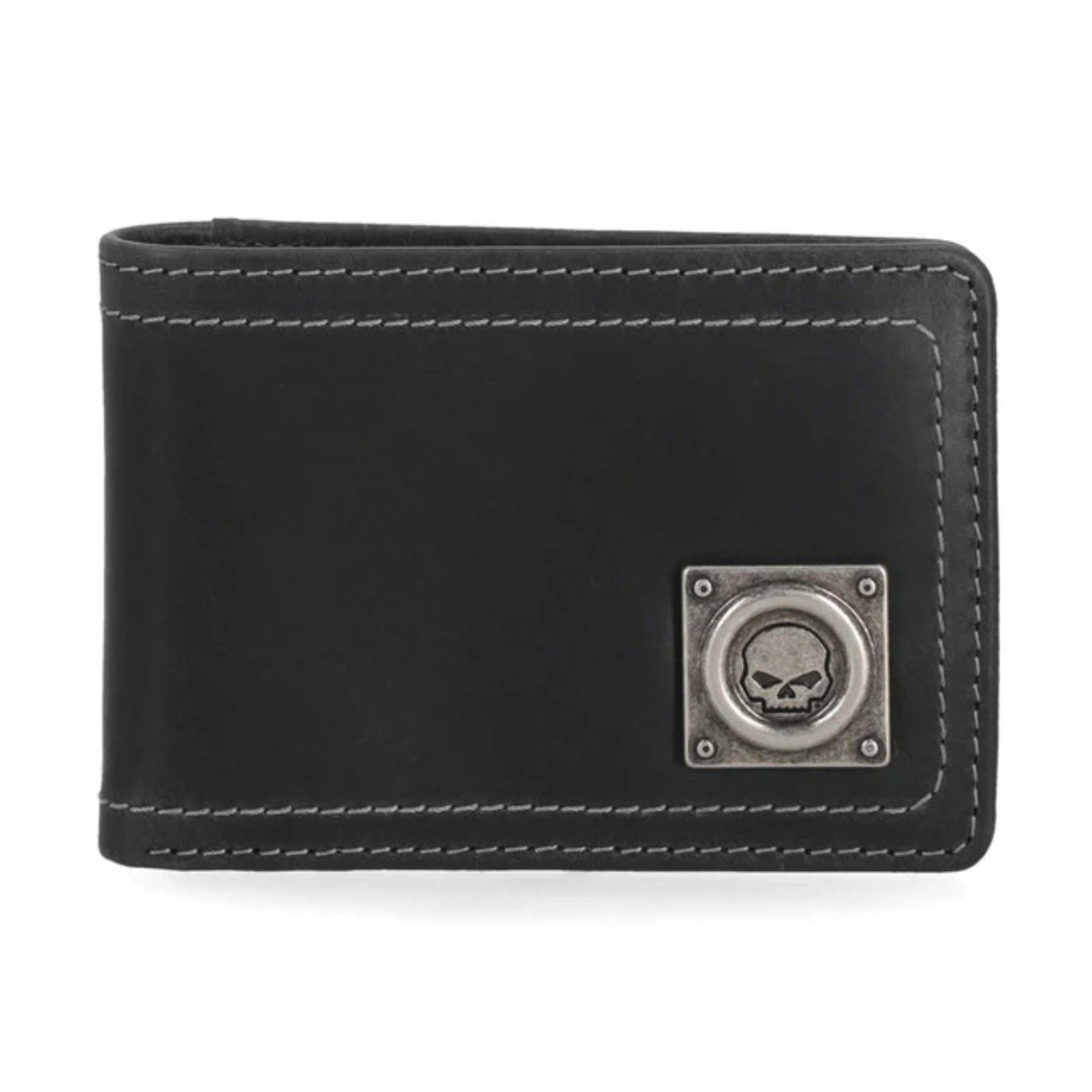 Willie G Skull Stitch Front Pocket Leather Wallet, Black