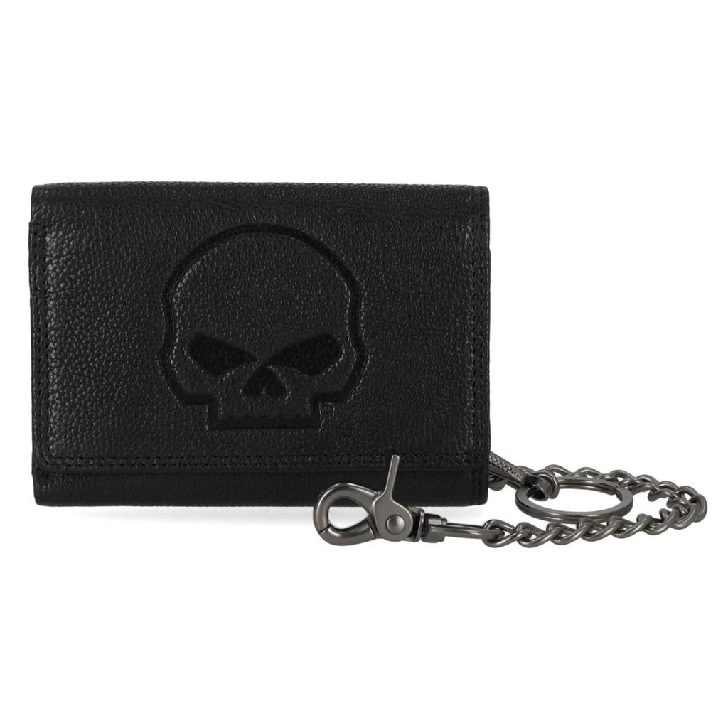 Men's Skull Embossed Medium Biker Chain Leather Wallet, Black