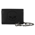 Men's Skull Embossed Medium Biker Chain Leather Wallet, Black