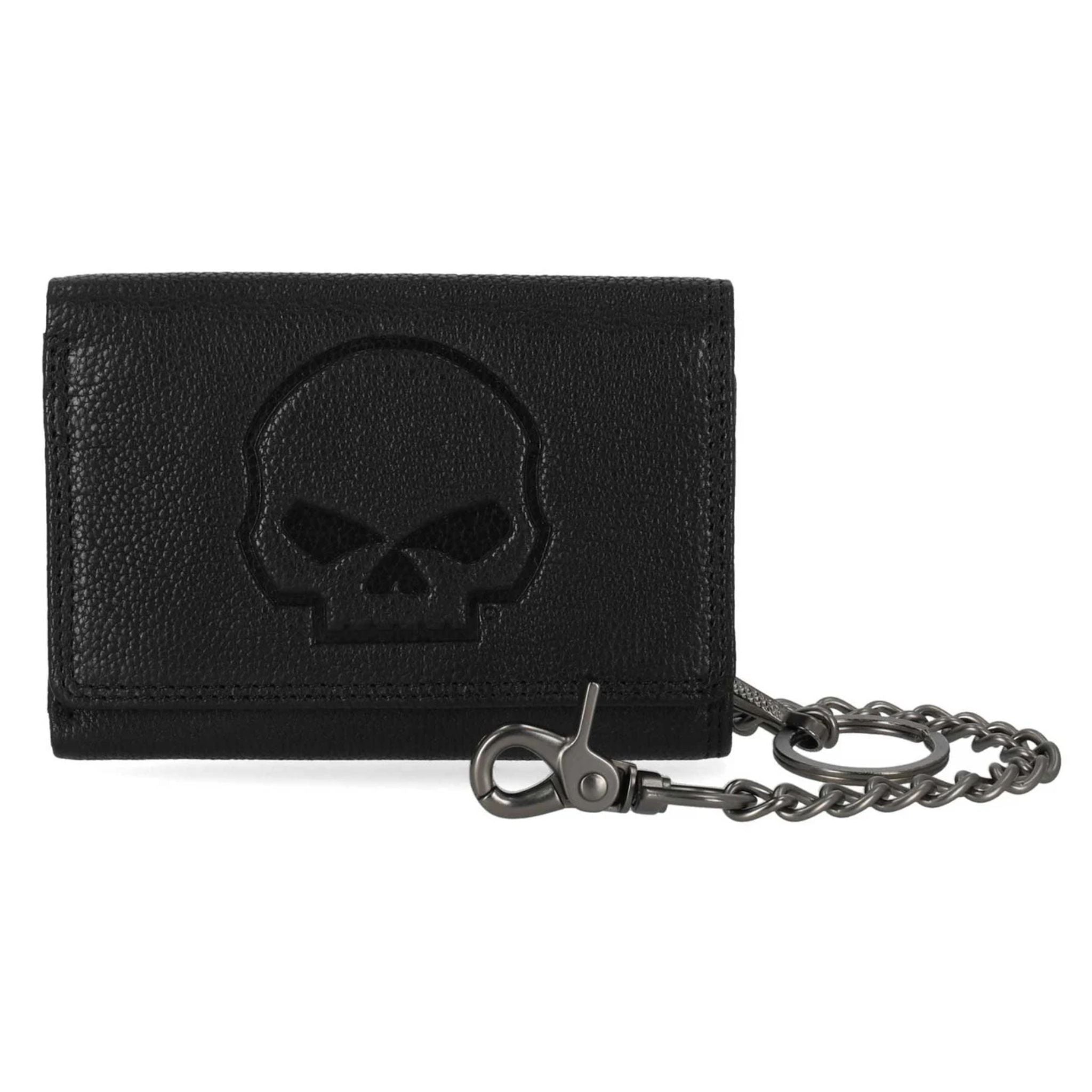 Men's Skull Embossed Medium Biker Chain Leather Wallet, Black
