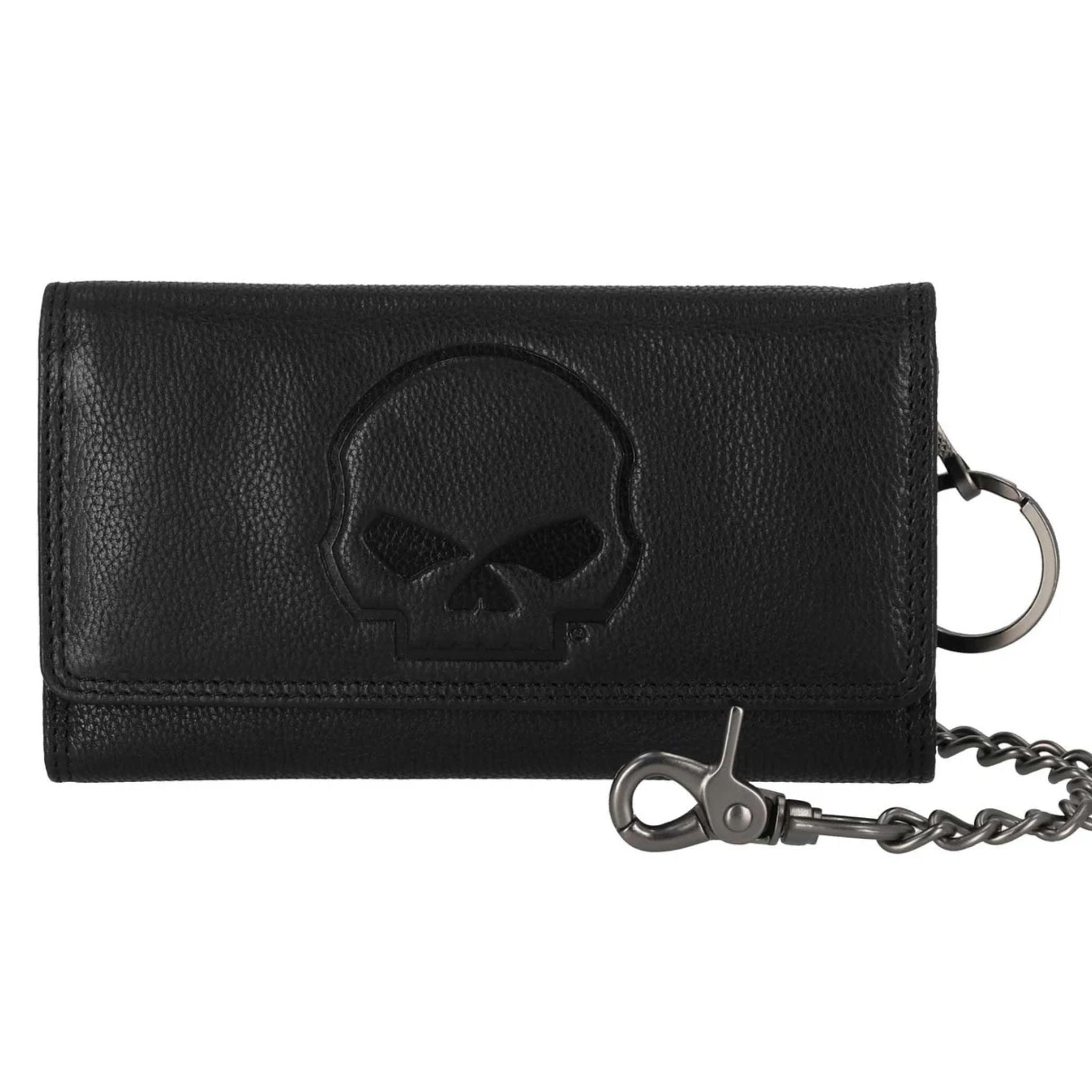 Skull Embossed Trucker Biker Chain Leather Wallet, Black