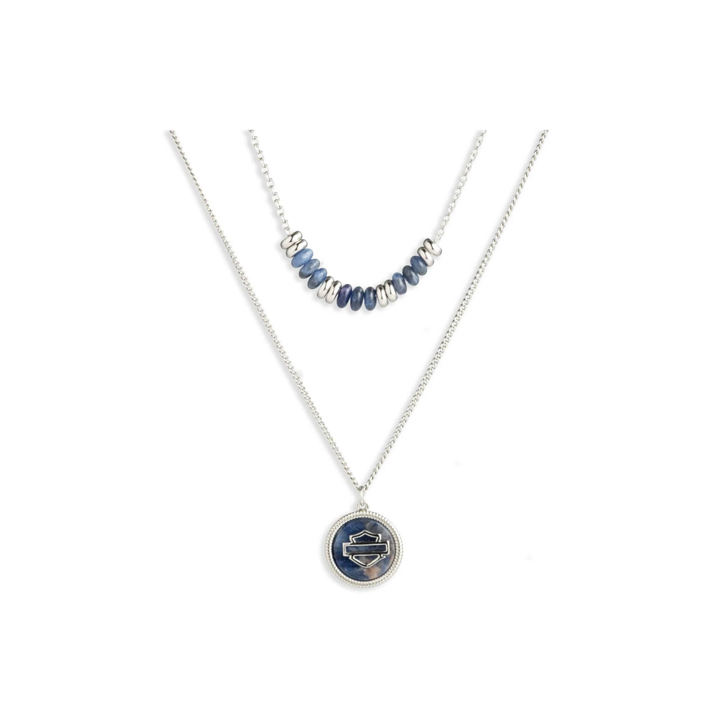Women's 16 inch Bar & Shield Logo Stone Double Row Necklace, Blue Soladite