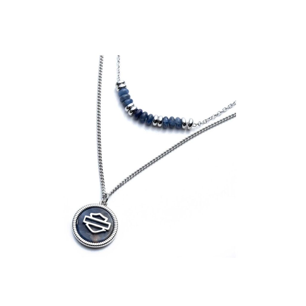 Women's 16 inch Bar & Shield Logo Stone Double Row Necklace, Blue Soladite