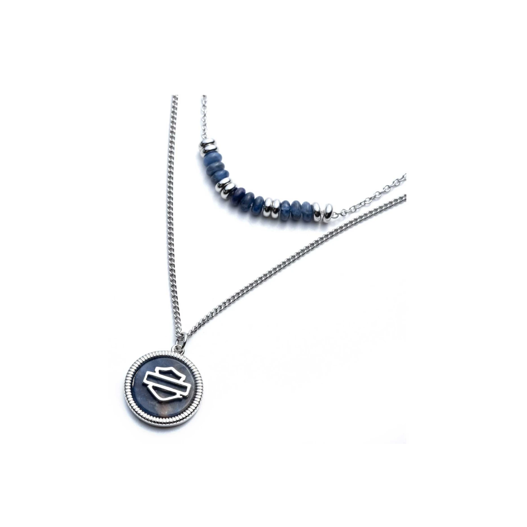 Women's 16 inch Bar & Shield Logo Stone Double Row Necklace, Blue Soladite