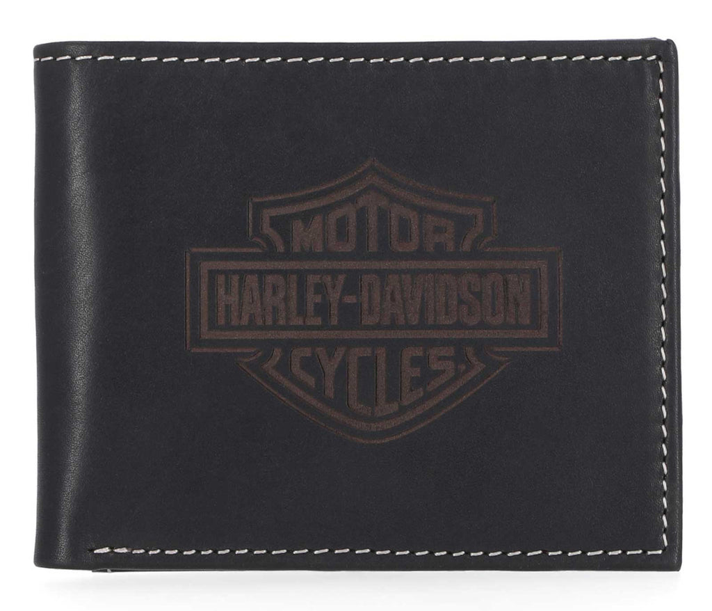 Men's Laser Bar & Shield Logo Tri-Fold Leather Wallet - Black