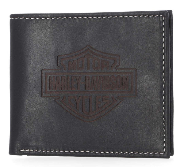 Men's Laser Bar & Shield Logo Tri-Fold Leather Wallet - Black