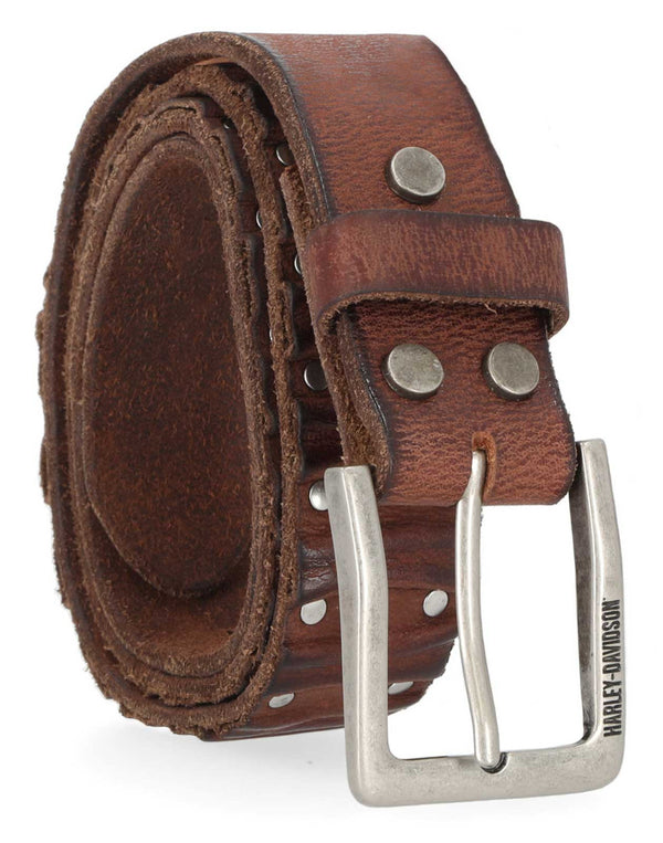 Men's Ribbed & Studded Detail Genuine Leather Belt - Brown