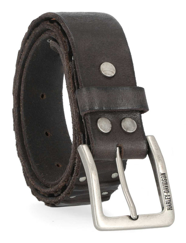 Men's Ribbed & Studded Detail Genuine Leather Belt - Black