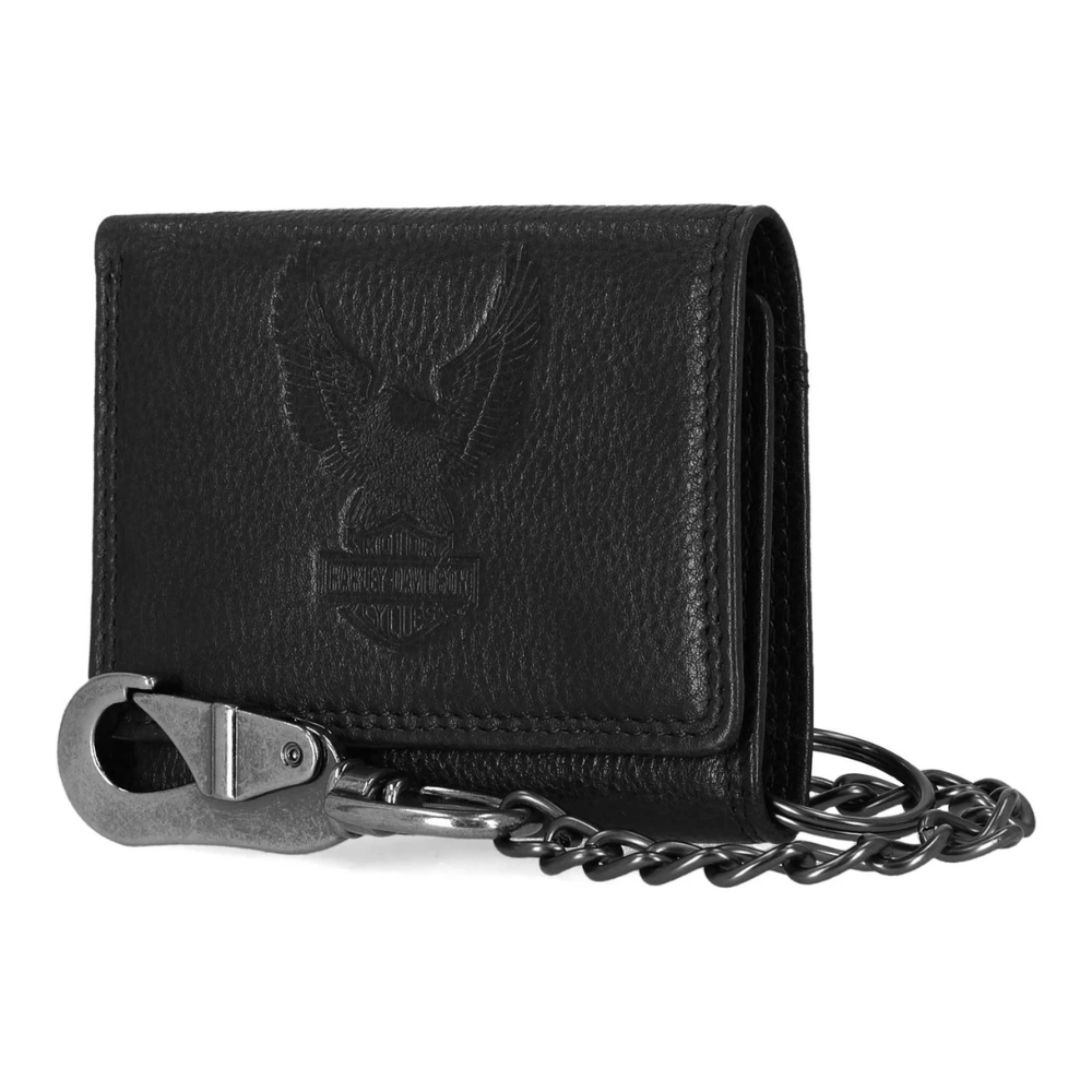 Embossed Eagle Tri-Fold Snap Chain RFID Wallet, Black