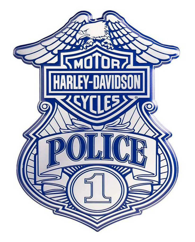 Embossed Police Shield Metal Sign, Custom Shaped Blue & Gray