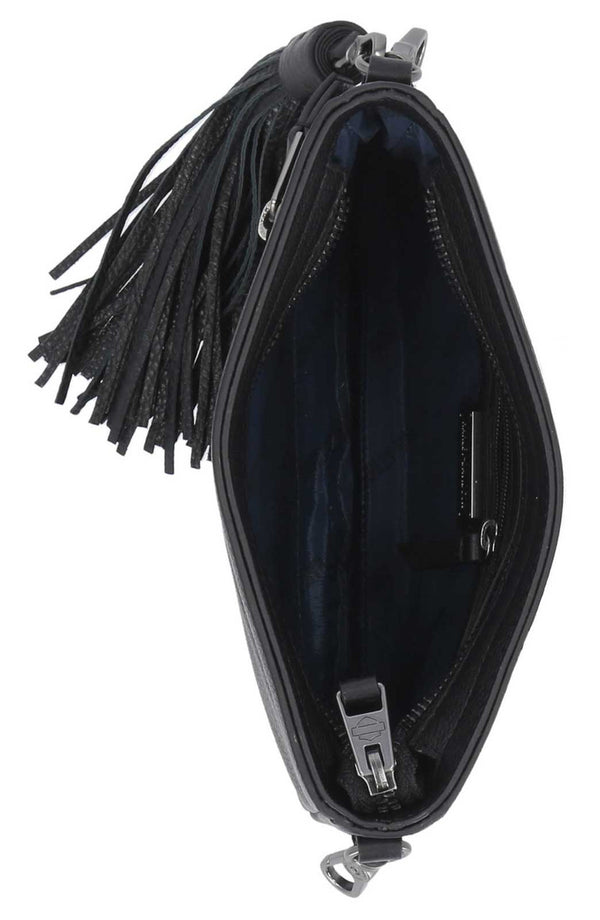 Women's Classic Leather Hip Bag w/ Tassel & Strap - Black