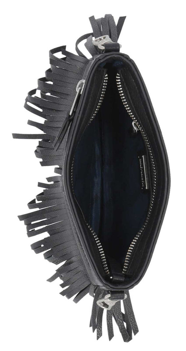 Women's Fringe Zippered Leather Hip Bag - Black