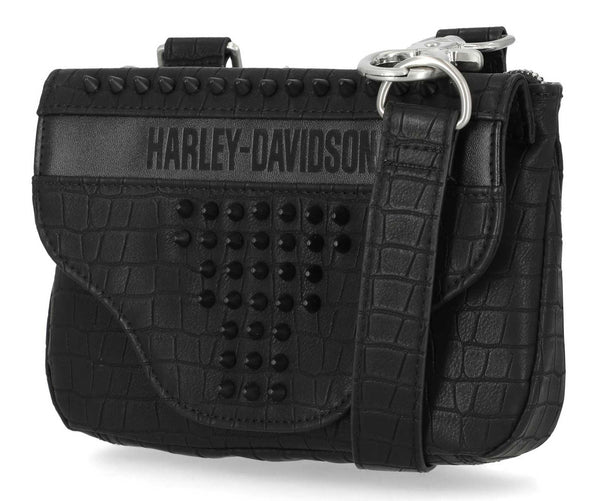 Women's Cone Studded Croco Hip Bag, Black