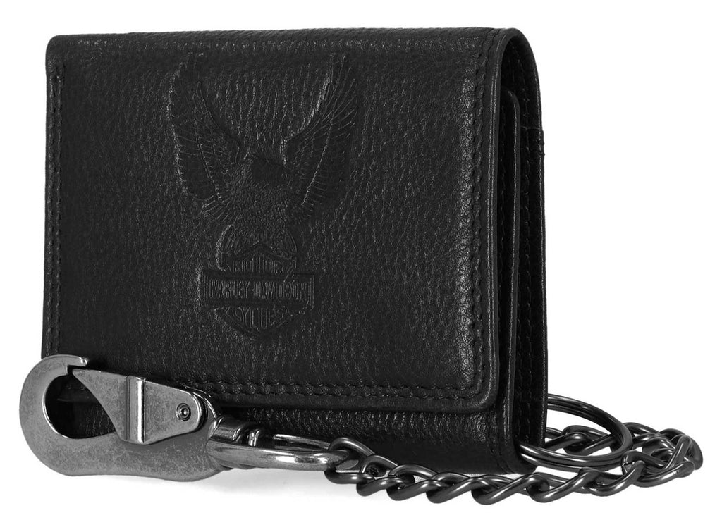 Embossed Eagle Tri-Fold Snap Chain RFID Wallet, Black