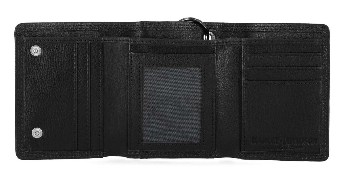 Embossed Eagle Tri-Fold Snap Chain RFID Wallet, Black