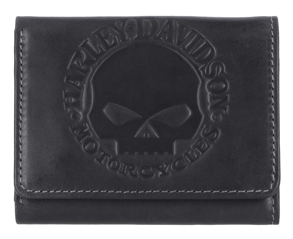 Men's Embossed Willie G Skull Tri-Fold Leather Wallet - Black