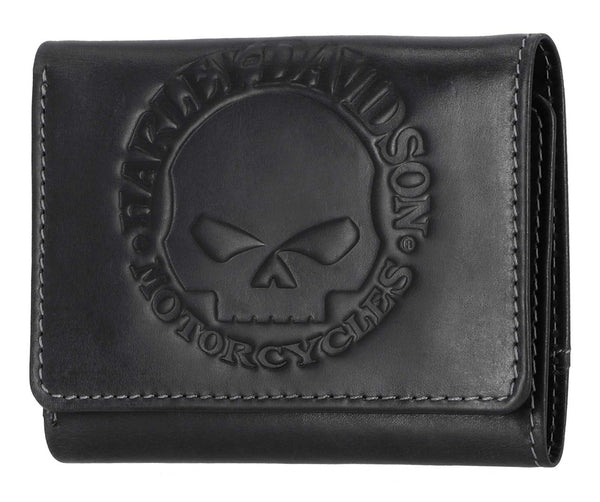 Men's Embossed Willie G Skull Tri-Fold Leather Wallet - Black