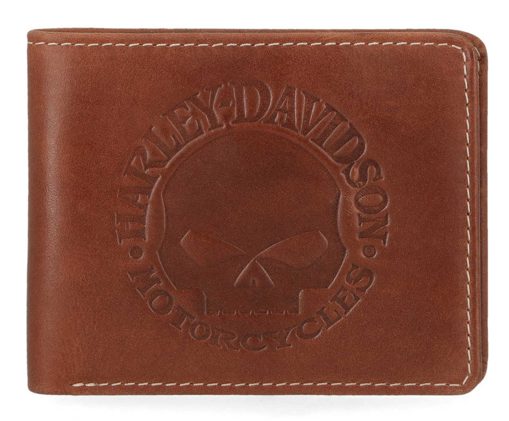 Men's Embossed Willie G Skull Bi-Fold Leather Wallet - Brown