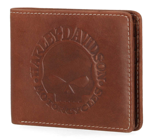 Men's Embossed Willie G Skull Bi-Fold Leather Wallet - Brown