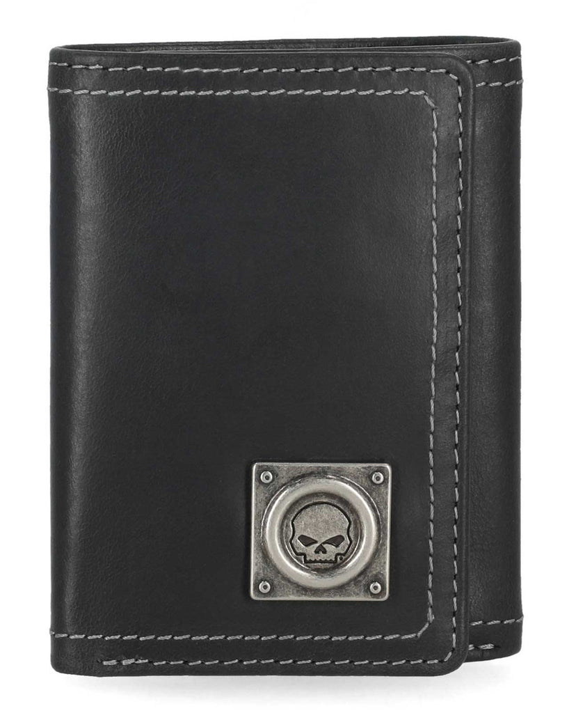 Men's Skull Stitch Tri-Fold Genuine Leather Wallet, Black