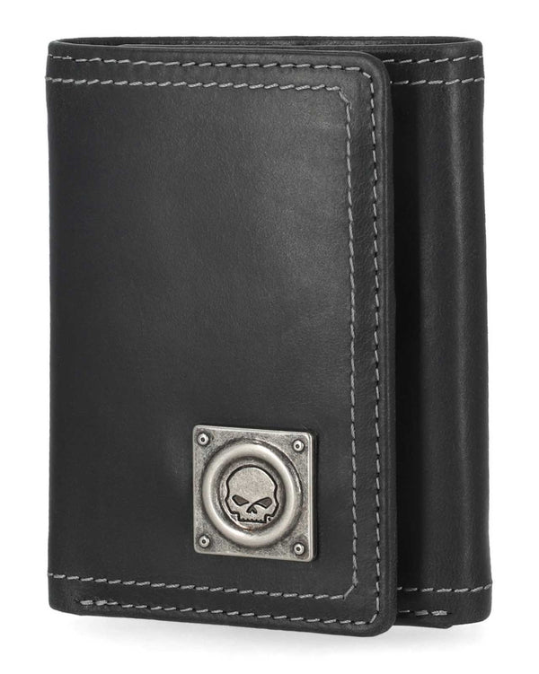 Men's Skull Stitch Tri-Fold Genuine Leather Wallet, Black