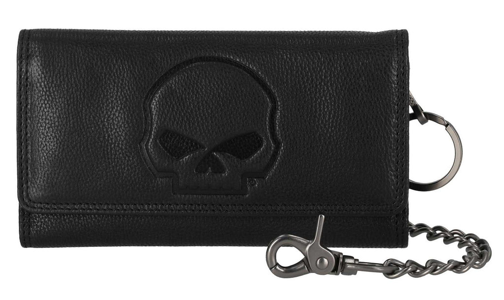 Men's Skull Embossed Trucker Biker Chain Leather Wallet, Black