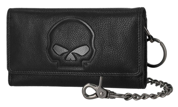 Men's Skull Embossed Trucker Biker Chain Leather Wallet, Black