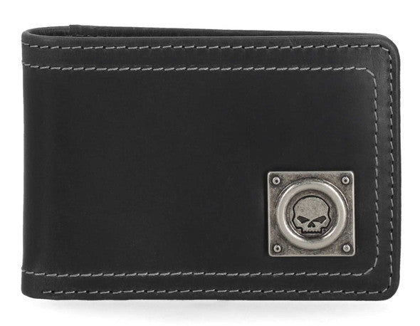 Men's Willie G Skull Stitch Front Pocket Leather Wallet, Black