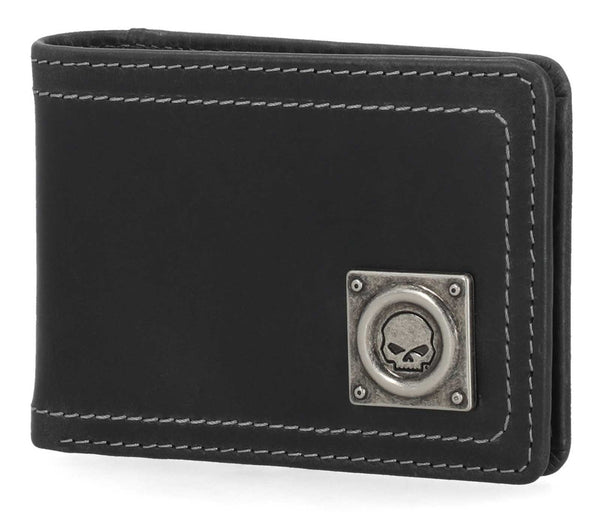 Men's Willie G Skull Stitch Front Pocket Leather Wallet, Black