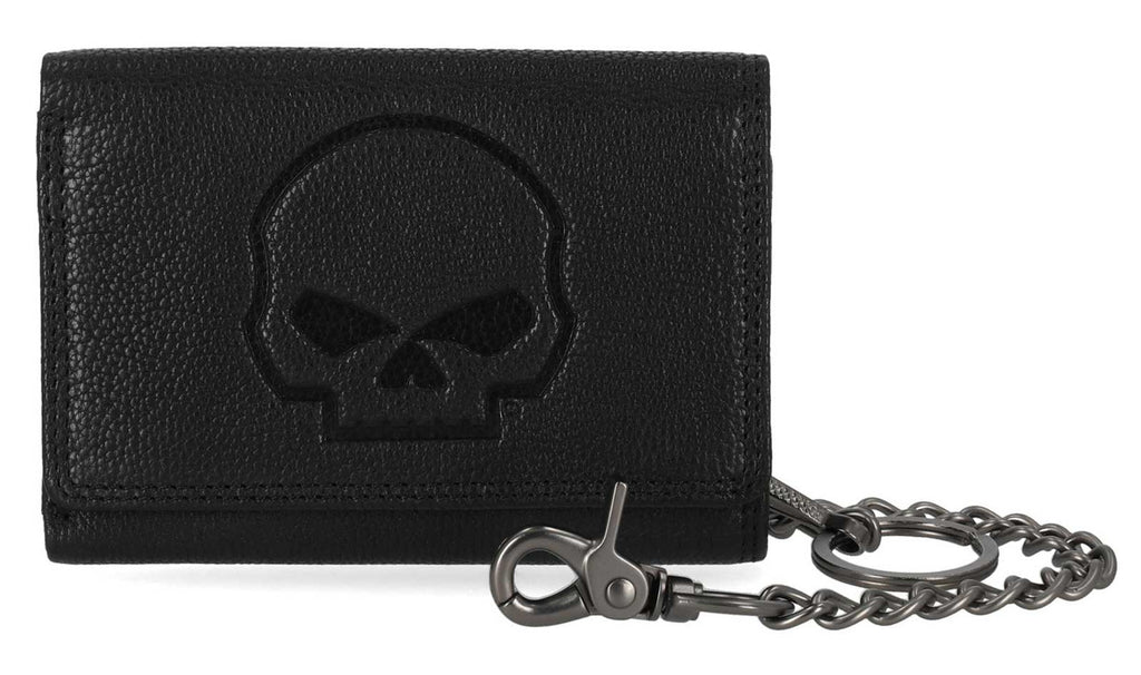 Men's Skull Embossed Medium Biker Chain Leather Wallet, Black