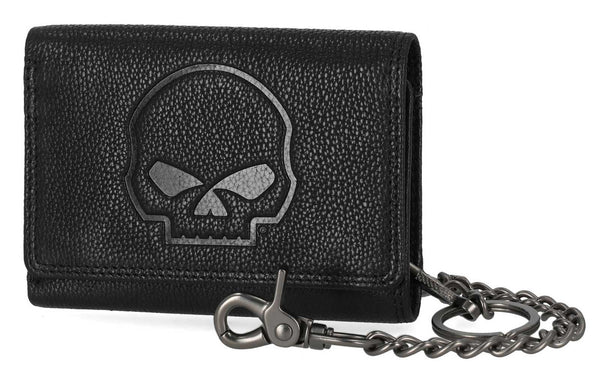 Men's Skull Embossed Medium Biker Chain Leather Wallet, Black