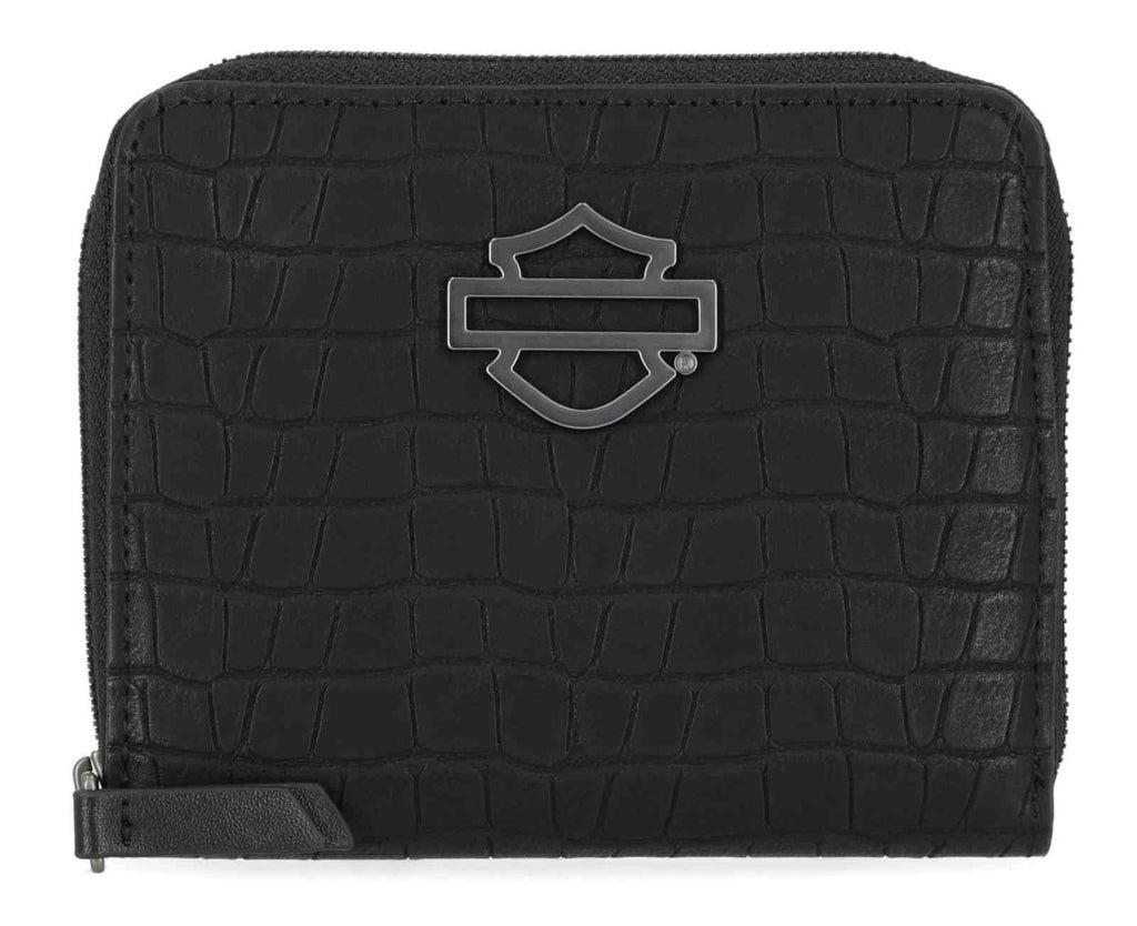 Women's Metal Bar & Shield Croco Small Zip Around Wallet, Black