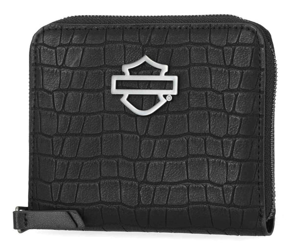 Women's Metal Bar & Shield Croco Small Zip Around Wallet, Black