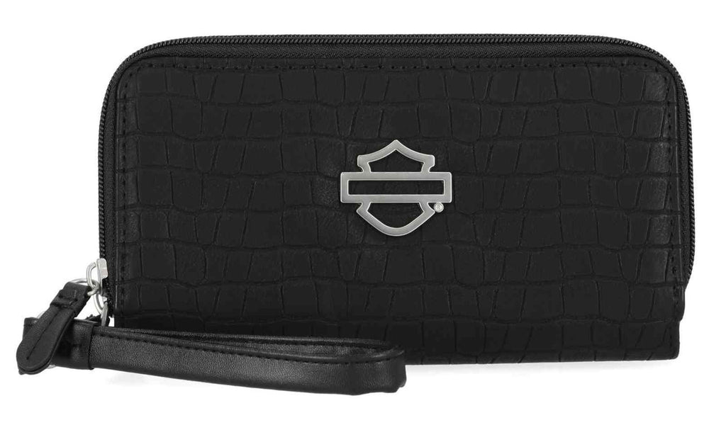 Women's Metal Bar & Shield Croco Zip Around w/ Wristlet, Black