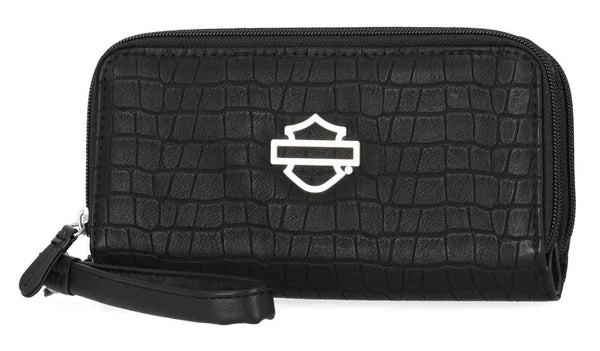 Women's Metal Bar & Shield Croco Zip Around w/ Wristlet, Black