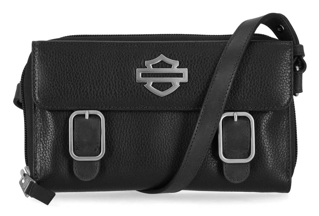 Women's Buckle Zip Around Leather Wallet Crossbody, Black