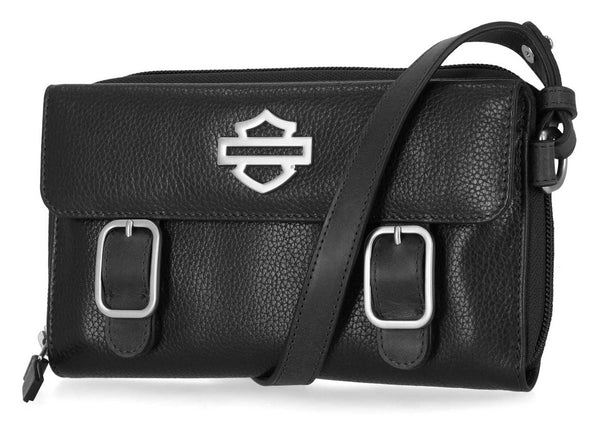 Women's Buckle Zip Around Leather Wallet Crossbody, Black
