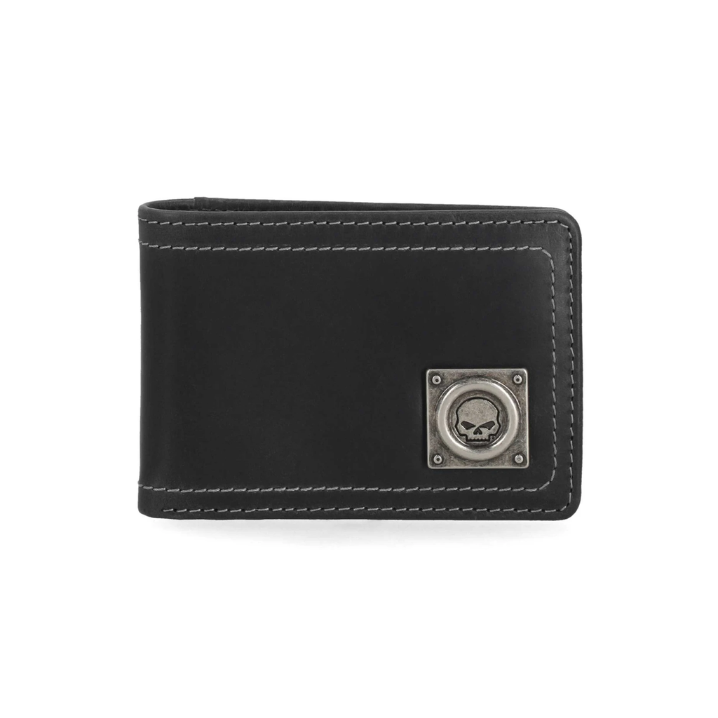 Men's Willie G Skull Stitch Front Pocket Leather Wallet, Black